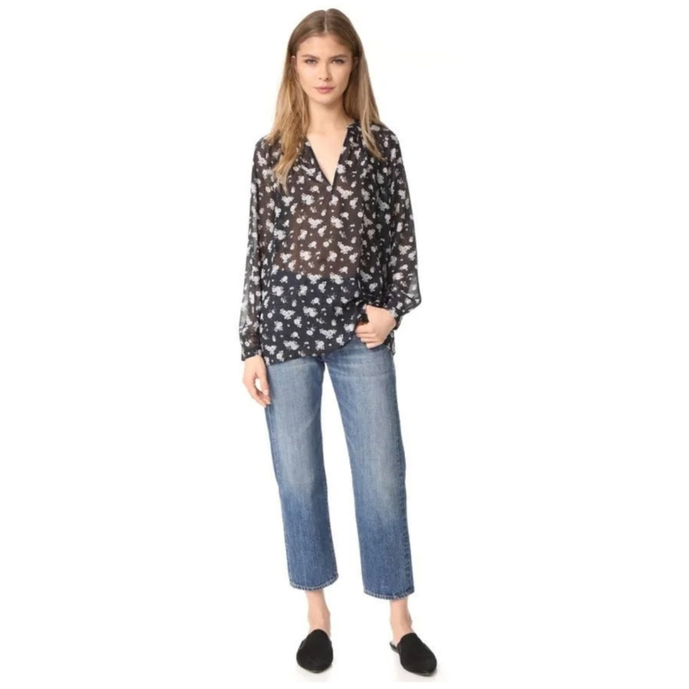 Vince Calico Silk Floral Sheer Split Neck High Low Balloon Sleeve Blouse
